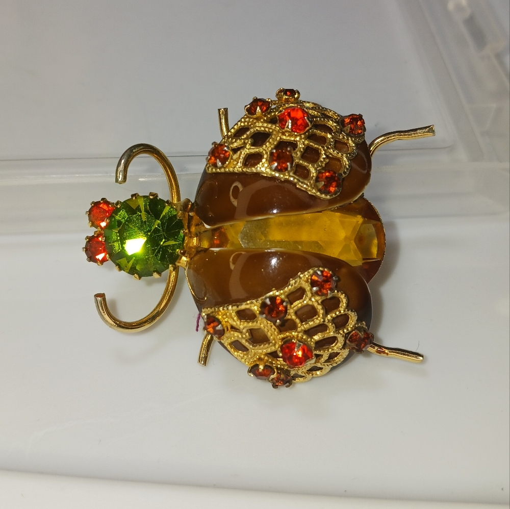Vintage Insect Beetle Bug Rhinestone Brooch Pin Glass - Picture 12 of 16